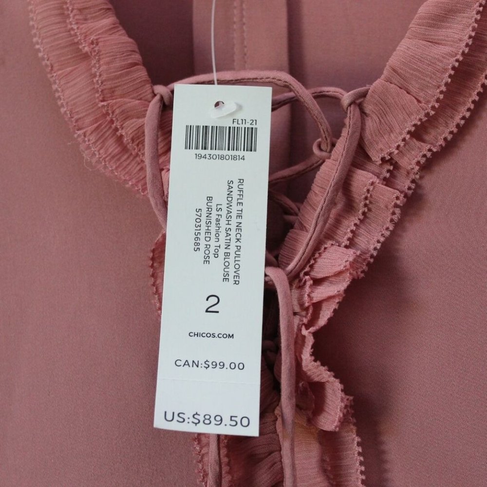 NWT Chico's Sandwashed Satin Ruffle Blouse Pink Women's Top Size 2 12 14 H13810 - Picture 7 of 10